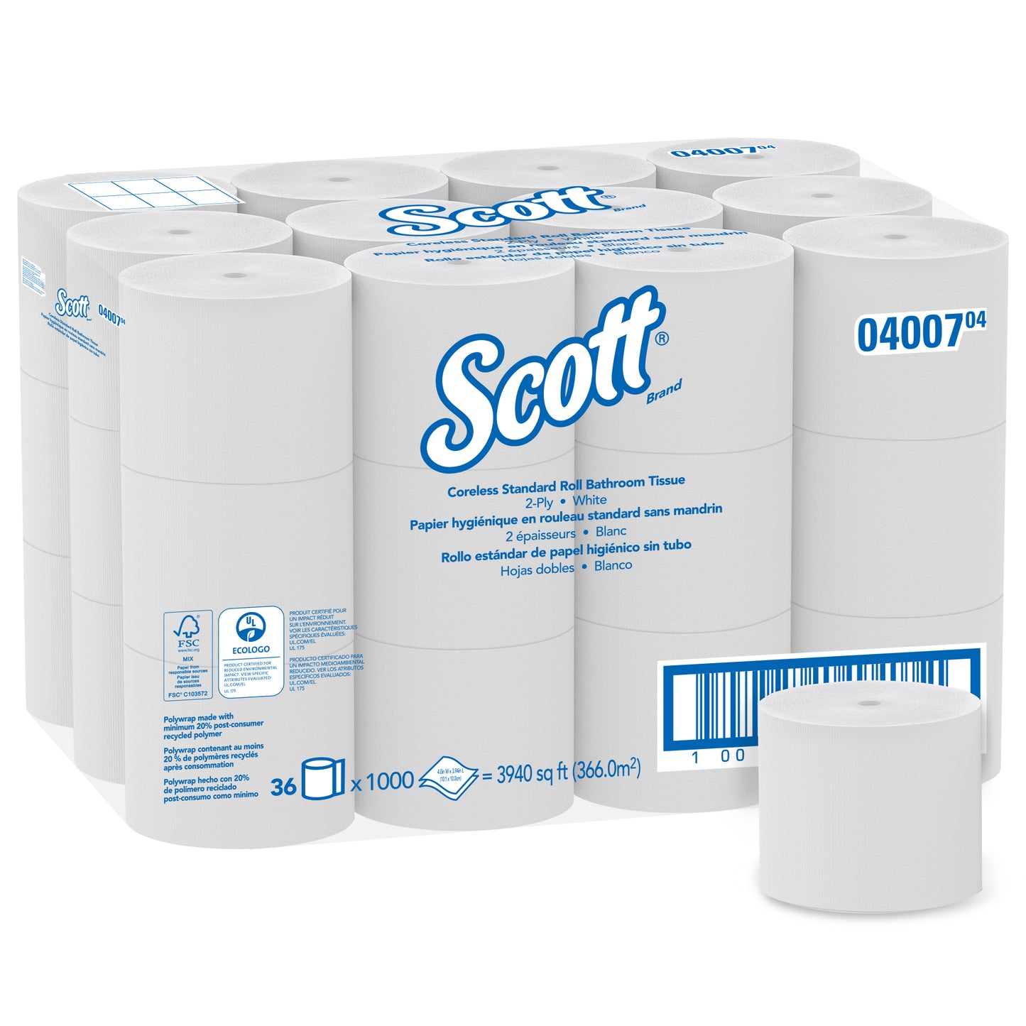 Kimberly Clark , Scott Standard Roll Bathroom Tissue , Coreless White 4.0"x3.94" 1000 SHTS , 36 / cs