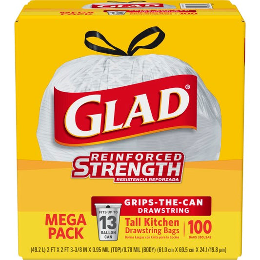 Clorox , Glad Tall Drawstring Trash Bags , 13 Gallon 100 Count , 4 / cs